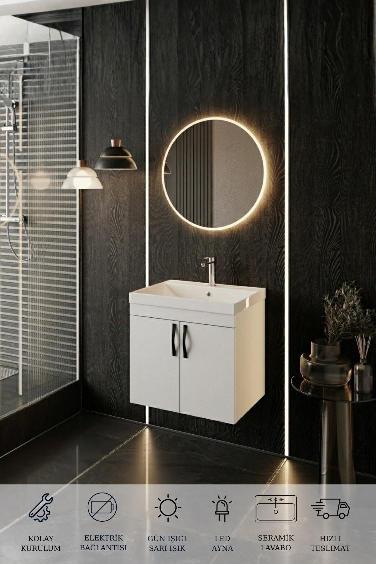 Ege 60 Cm Led Aynalı, 2 Kapaklı Banyo Dolabı Seti, Seramik Lavabo Dahil, Led'li