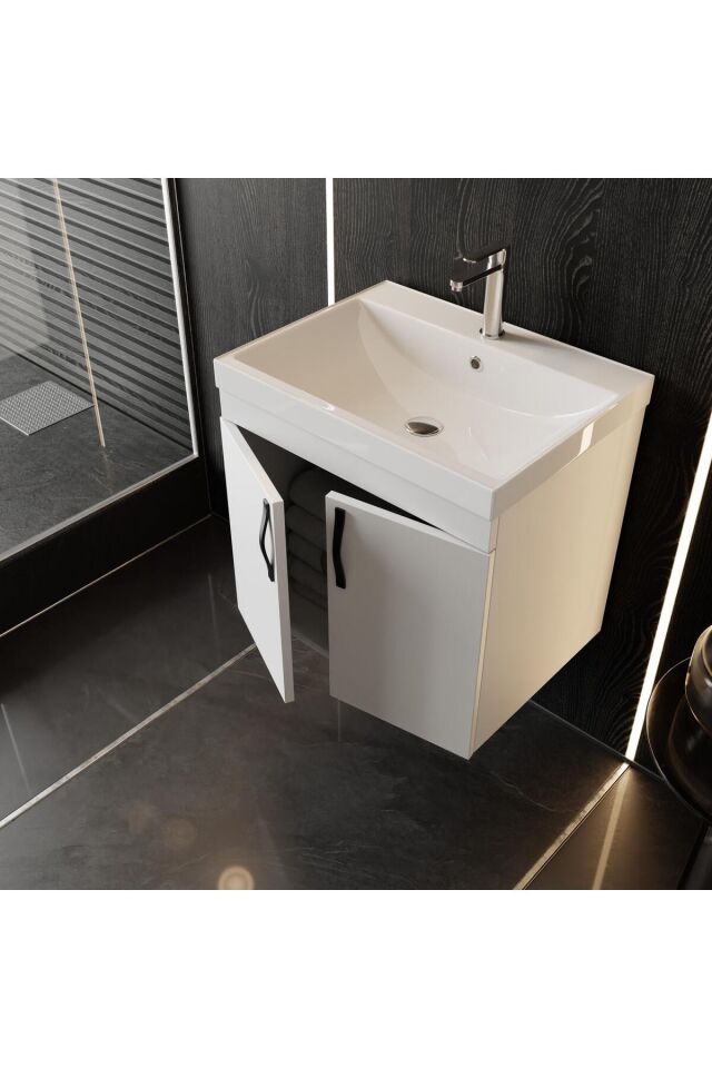 Ege 60 Cm Led Aynalı, 2 Kapaklı Banyo Dolabı Seti, Seramik Lavabo Dahil, Led'li