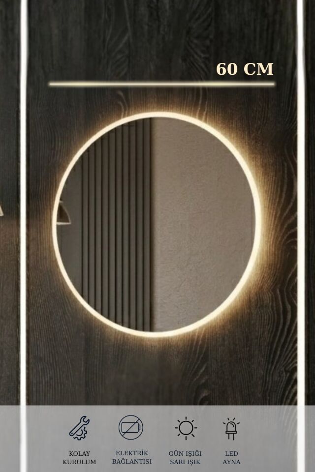 Ege 60 Cm Led Aynalı, 2 Kapaklı Banyo Dolabı Seti, Seramik Lavabo Dahil, Led'li