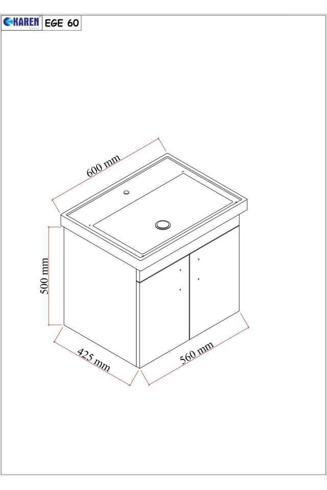 Ege 60 Cm Led Aynalı, 2 Kapaklı Banyo Dolabı Seti, Seramik Lavabo Dahil, Led'li