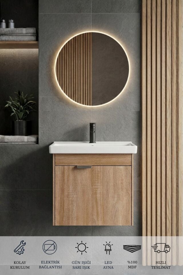 Kasırga Sonomo 50 Cm, Led Aynalı, Banyo Dolabı Seti, Seramik Lavabo Dahil, Sonomo, Mdf, Led'li