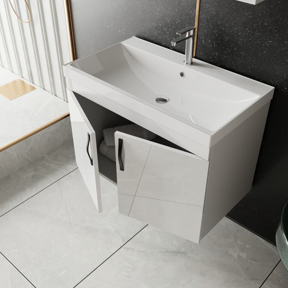 Ege 80 Cm Led Aynalı, 2 Kapaklı Banyo Dolabı Seti, Seramik Lavabo Dahil, Led'li