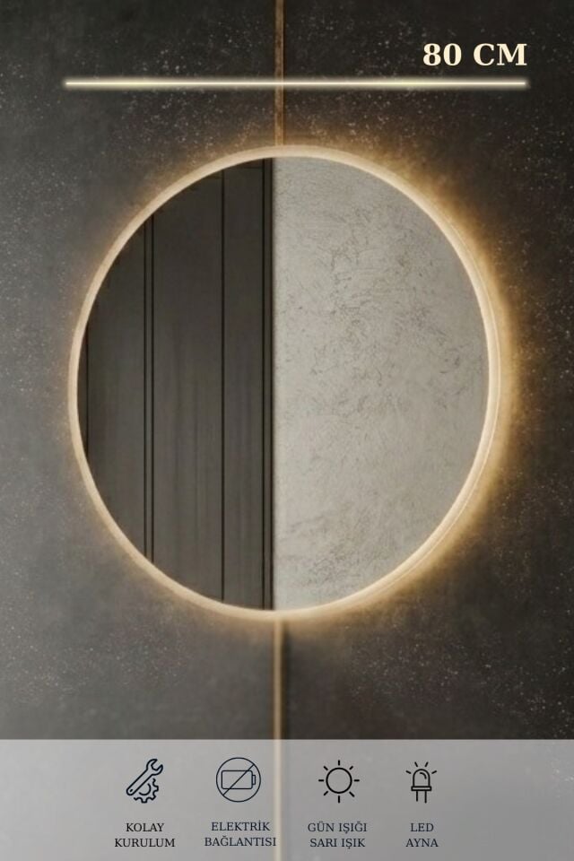 Ege 80 Cm Led Aynalı, 2 Kapaklı Banyo Dolabı Seti, Seramik Lavabo Dahil, Led'li