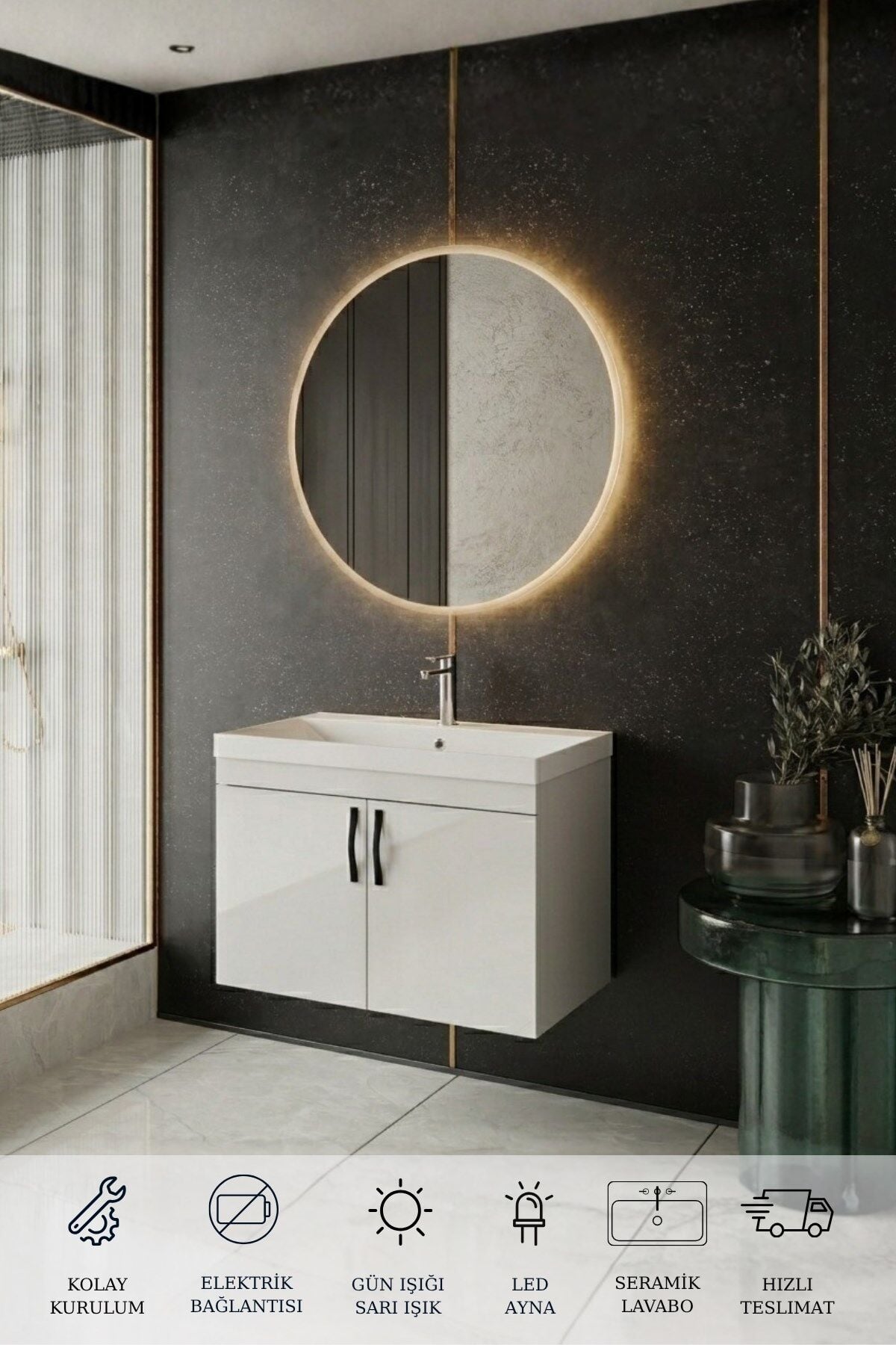 Ege 80 Cm Led Aynalı, 2 Kapaklı Banyo Dolabı Seti, Seramik Lavabo Dahil, Led'li