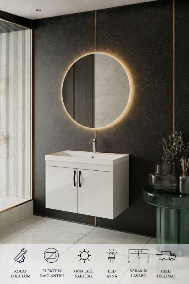 Ege 80 Cm Led Aynalı, 2 Kapaklı Banyo Dolabı Seti, Seramik Lavabo Dahil, Led'li