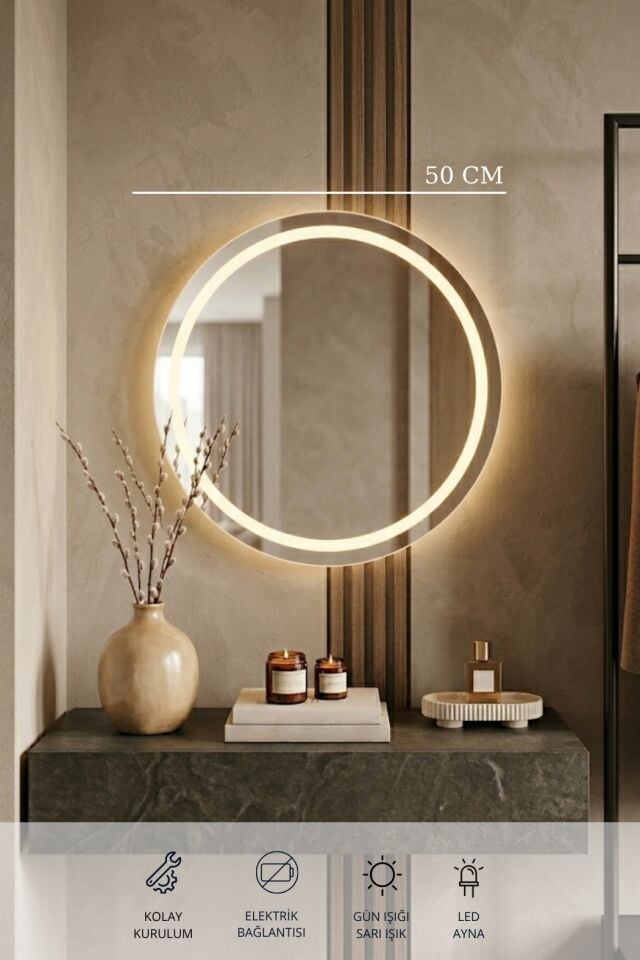 50 Cm Kumlamalı Led Ayna, Banyo, Antre, Salon, Dekoratif Gün ışığı Duvar Aynası