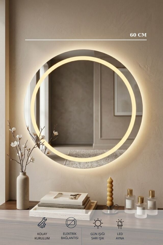 60 Cm Kumlamalı Led Ayna, Banyo, Antre, Salon, Dekoratif Gün ışığı Duvar Aynası