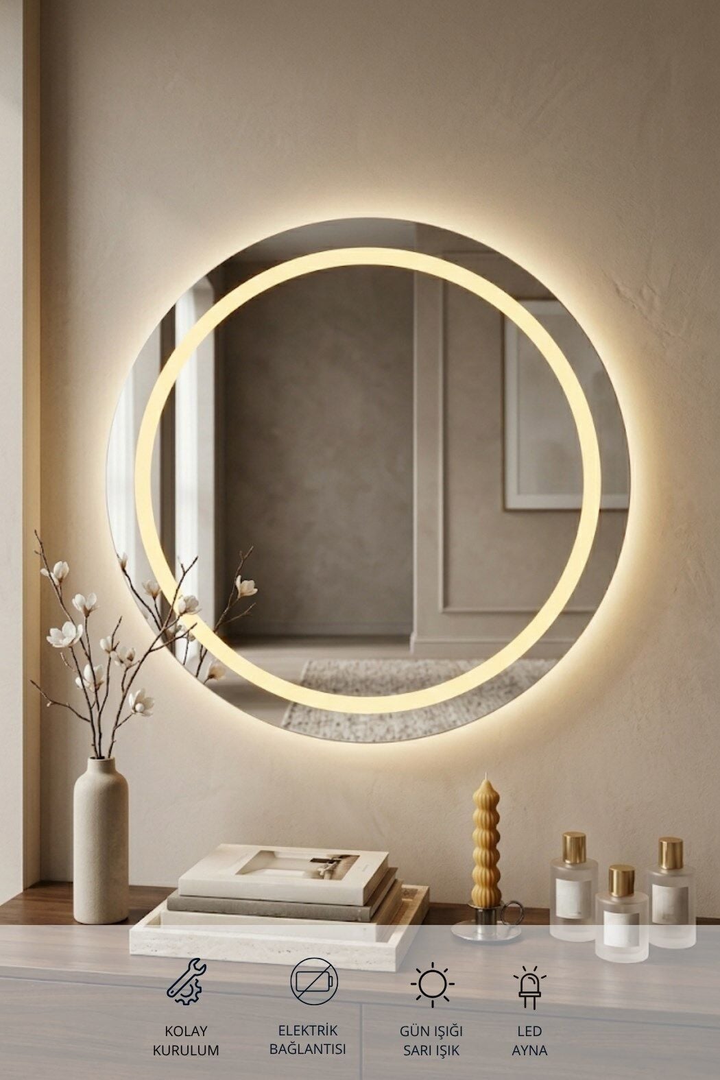60 Cm Kumlamalı Led Ayna, Banyo, Antre, Salon, Dekoratif Gün ışığı Duvar Aynası