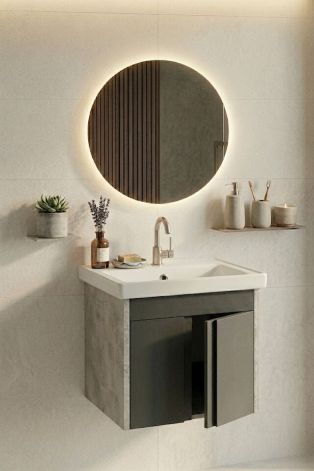 Lavanta 50 Cm, Led Aynalı, Banyo Dolabı Seti, Seramik Lavabo Dahil, Mdf, Led'li