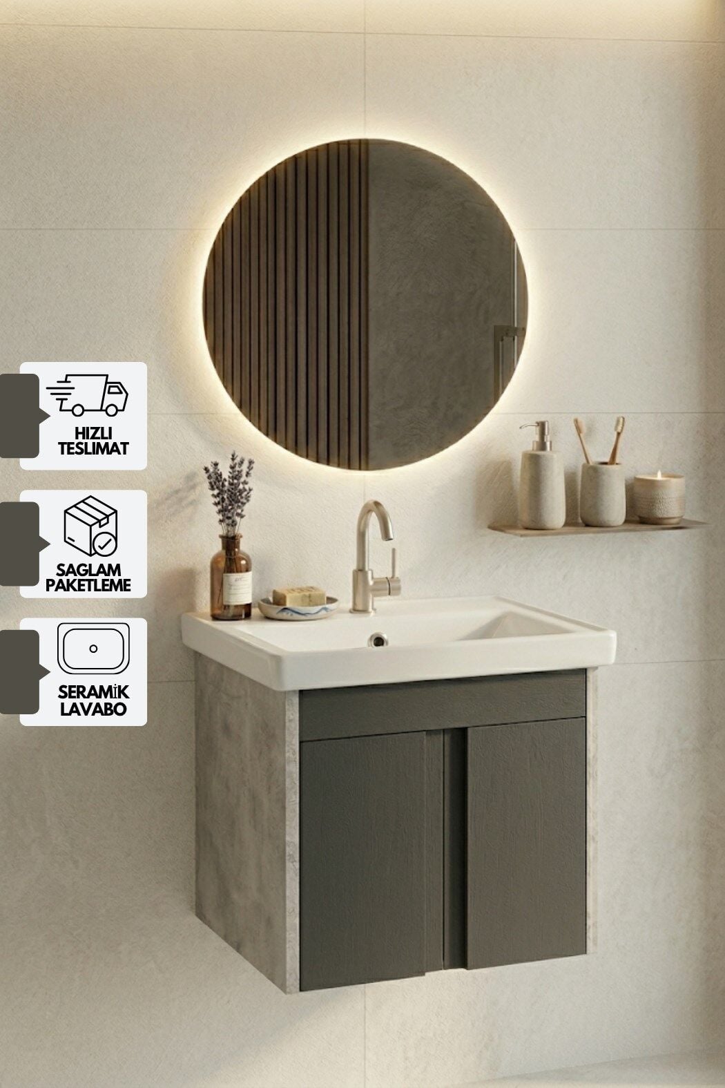 Lavanta 50 Cm, Led Aynalı, Banyo Dolabı Seti, Seramik Lavabo Dahil, Mdf, Led'li