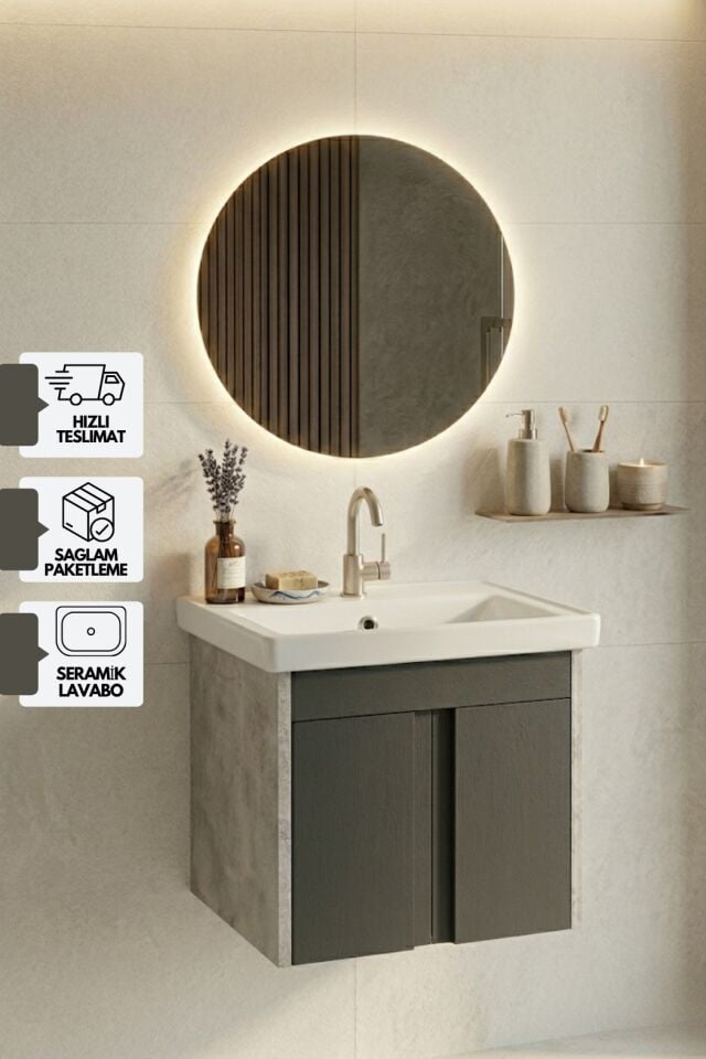 Lavanta 50 Cm, Led Aynalı, Banyo Dolabı Seti, Seramik Lavabo Dahil, Mdf, Led'li
