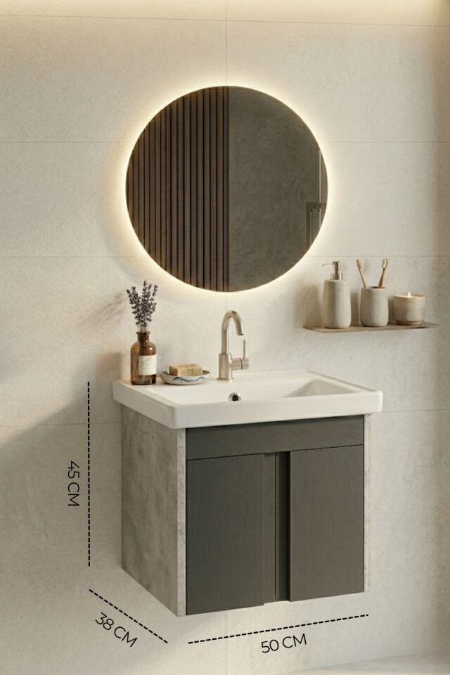 Lavanta 50 Cm, Led Aynalı, Banyo Dolabı Seti, Seramik Lavabo Dahil, Mdf, Led'li