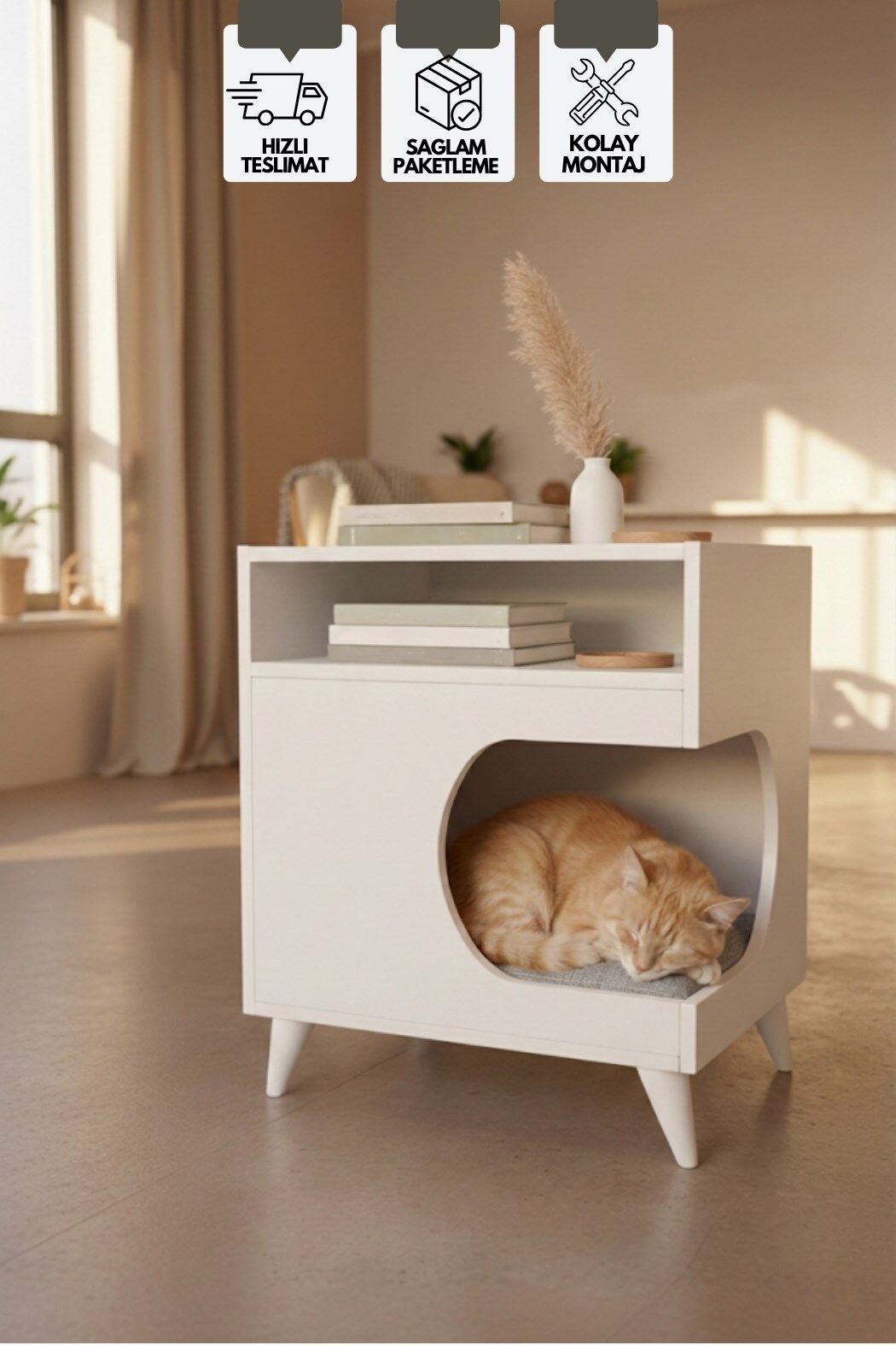 Minderli Kedi Evi, Yan Sehpa, Çok Amaçlı Sehpa, Modern Kedi Yuvası 59x60 Cm, Minder Dahil