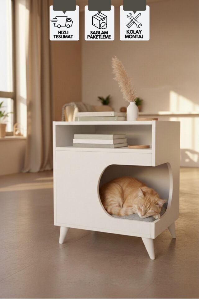 Minderli Kedi Evi, Yan Sehpa, Çok Amaçlı Sehpa, Modern Kedi Yuvası 59x60 Cm, Minder Dahil