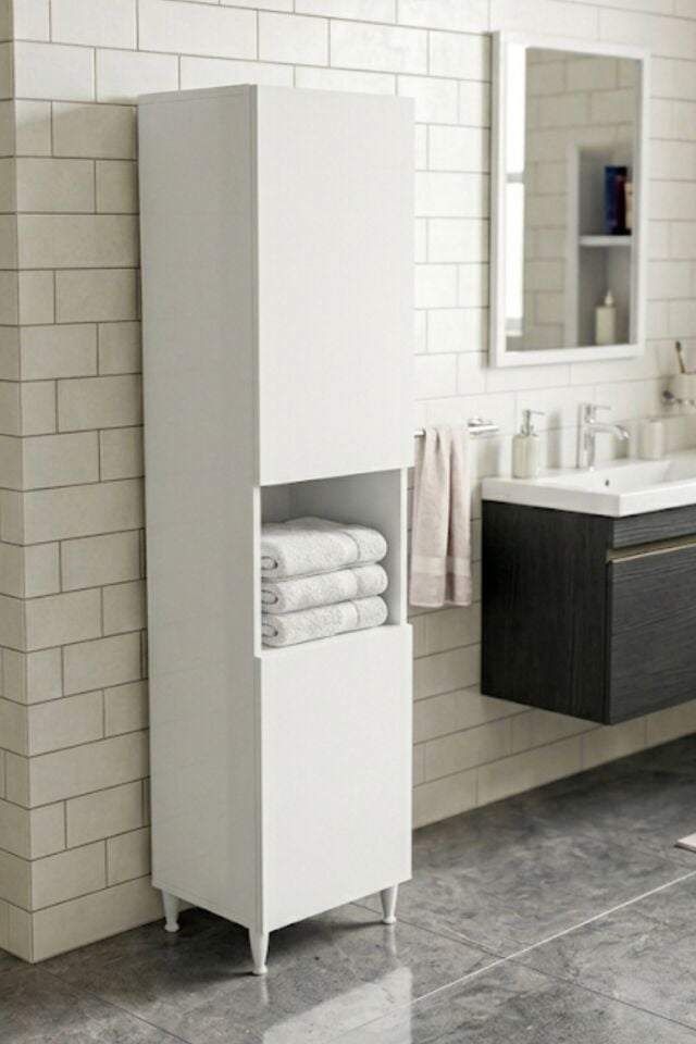 Çamaşır Sepetli Ayaklı Banyo Boy Dolabı, Çok Amaçlı Banyo Dolabı