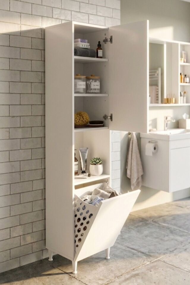 Çamaşır Sepetli Ayaklı Banyo Boy Dolabı, Çok Amaçlı Banyo Dolabı