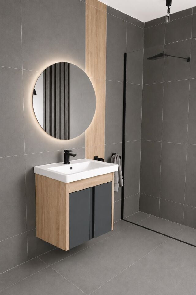 Volkan 50 Cm, Led Aynalı, Banyo Dolabı Seti, Seramik Lavabo Dahil, Led'li