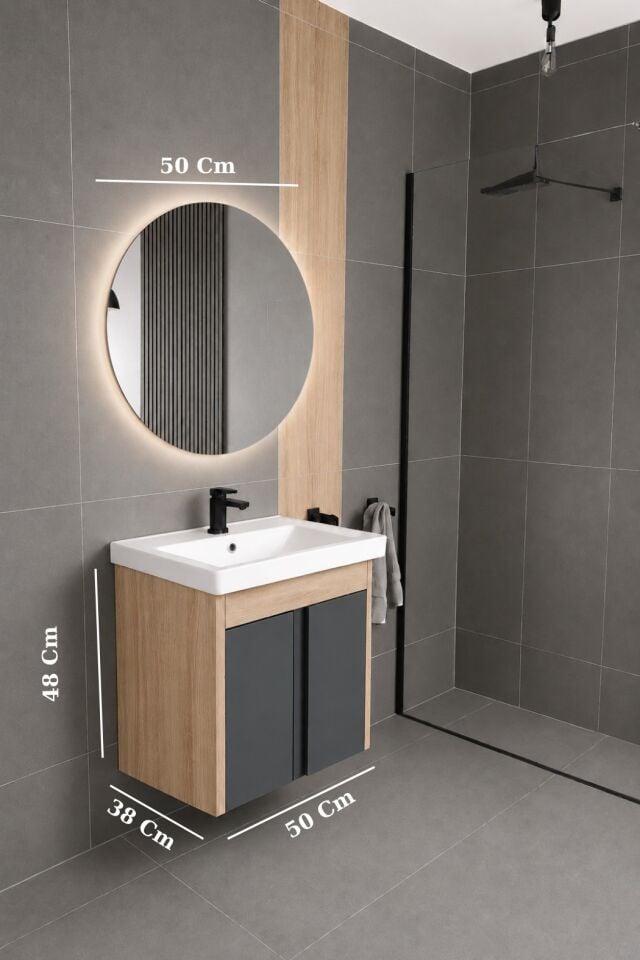 Volkan 50 Cm, Led Aynalı, Banyo Dolabı Seti, Seramik Lavabo Dahil, Led'li