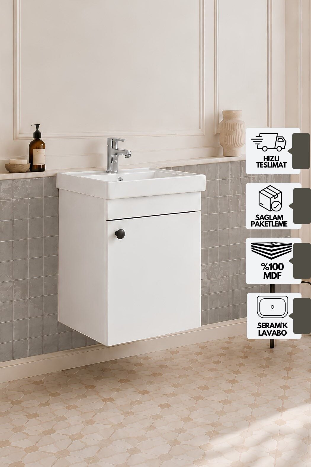 Mimoza 50 Cm, Mdf, Lavabolu Alt Banyo Dolabı, Kapaklı Banyo Dolabı, Seramik Lavabo Dahil, Mdf