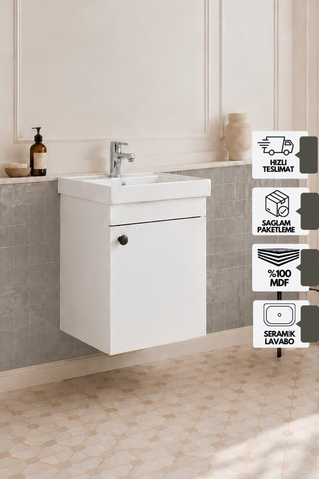 Mimoza 50 Cm, Mdf, Lavabolu Alt Banyo Dolabı, Kapaklı Banyo Dolabı, Seramik Lavabo Dahil, Mdf