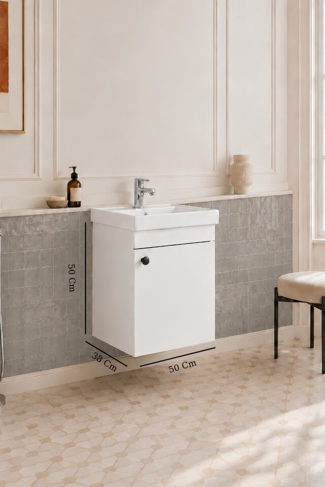 Mimoza 50 Cm, Mdf, Lavabolu Alt Banyo Dolabı, Kapaklı Banyo Dolabı, Seramik Lavabo Dahil, Mdf