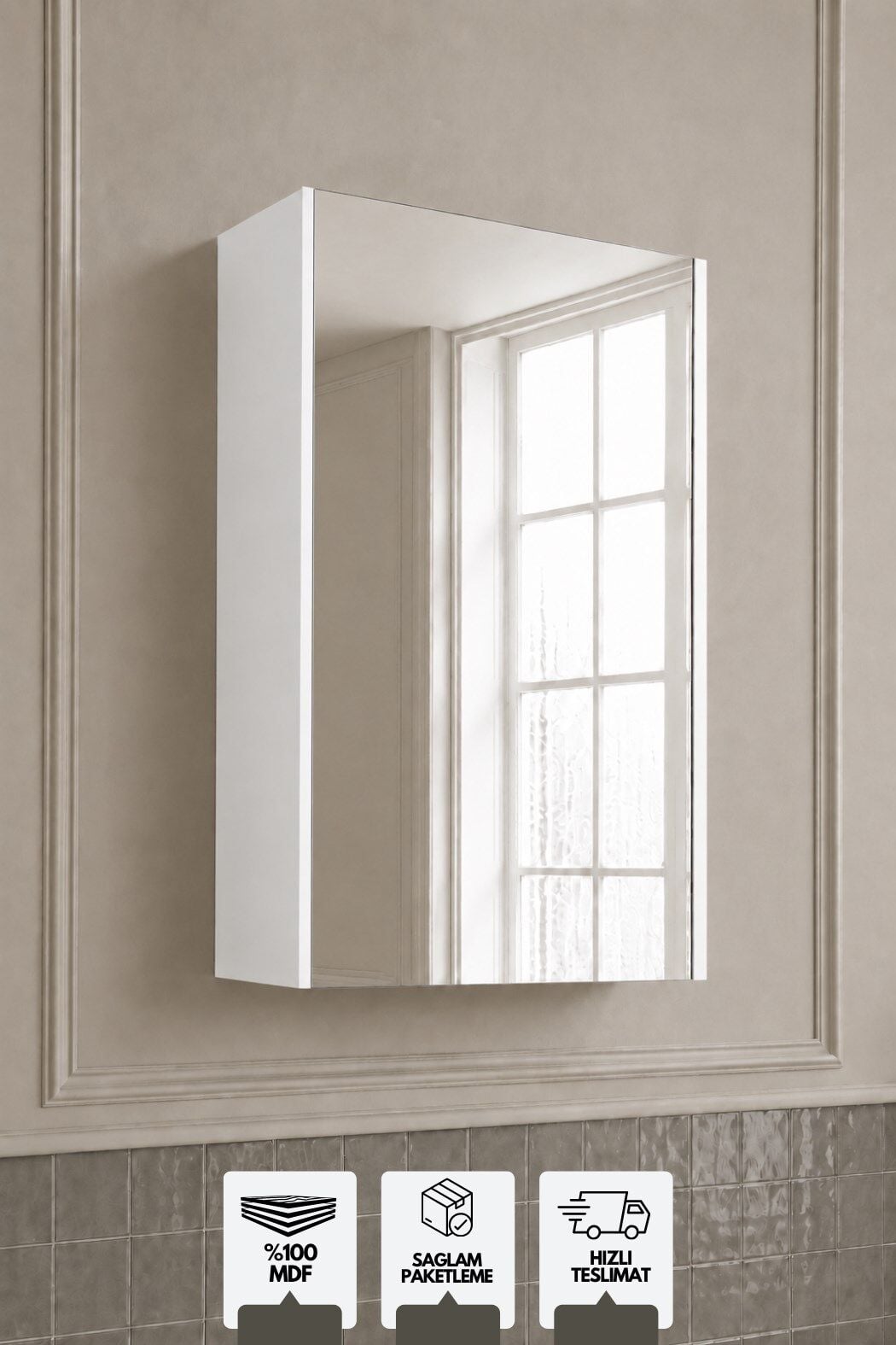 Mimoza 50 Cm, Üst Modül Banyo Dolabı,  Tek Kapaklı Aynalı Dolap, Mdf