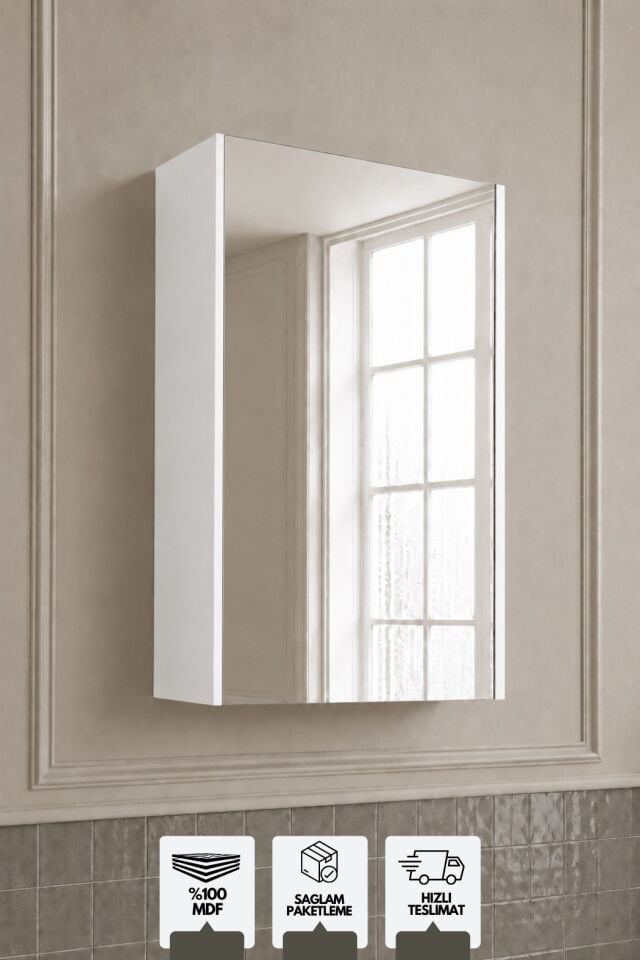 Mimoza 50 Cm, Üst Modül Banyo Dolabı,  Tek Kapaklı Aynalı Dolap, Mdf