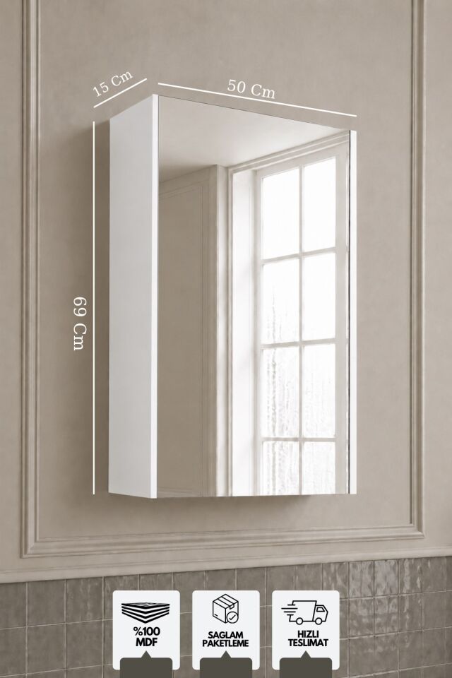 Mimoza 50 Cm, Üst Modül Banyo Dolabı,  Tek Kapaklı Aynalı Dolap, Mdf
