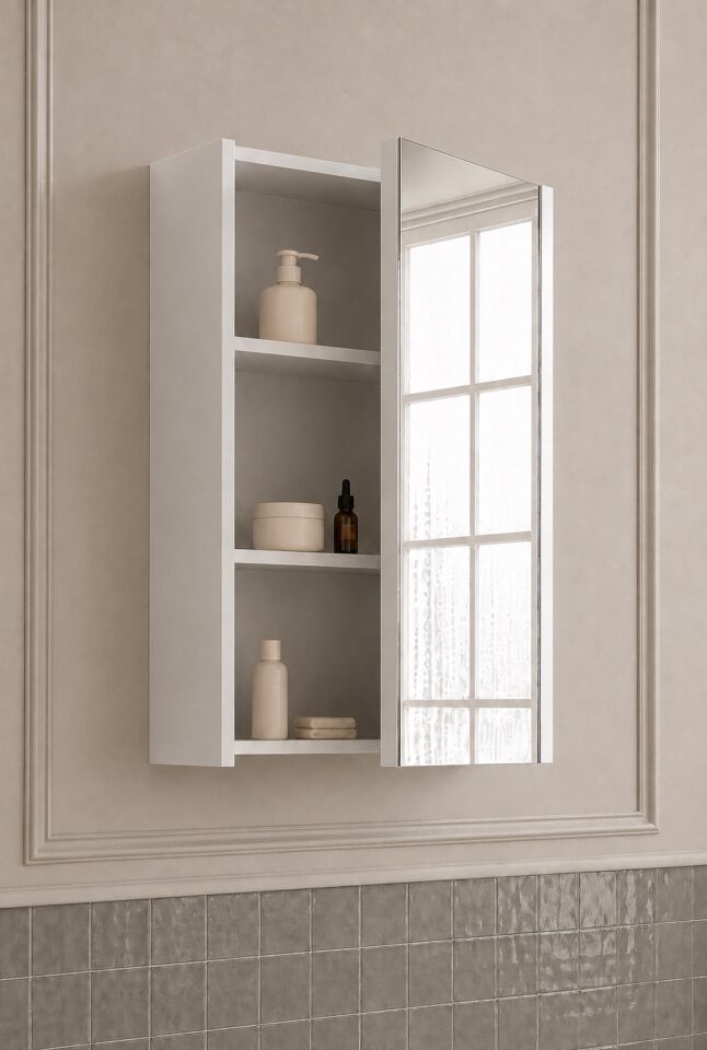 Mimoza 50 Cm, Üst Modül Banyo Dolabı,  Tek Kapaklı Aynalı Dolap, Mdf