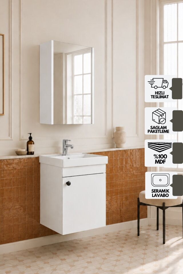 Mimoza 50 Cm, Mdf, Lavabolu, Aynalı Banyo Dolabı Seti, Seramik Lavabo Dahil, Beyaz, Mdf
