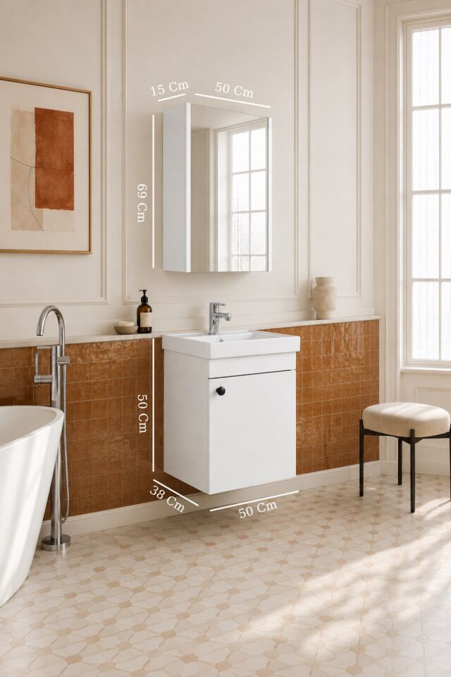 Mimoza 50 Cm, Mdf, Lavabolu, Aynalı Banyo Dolabı Seti, Seramik Lavabo Dahil, Beyaz, Mdf