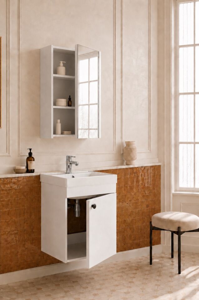 Mimoza 50 Cm, Mdf, Lavabolu, Aynalı Banyo Dolabı Seti, Seramik Lavabo Dahil, Beyaz, Mdf