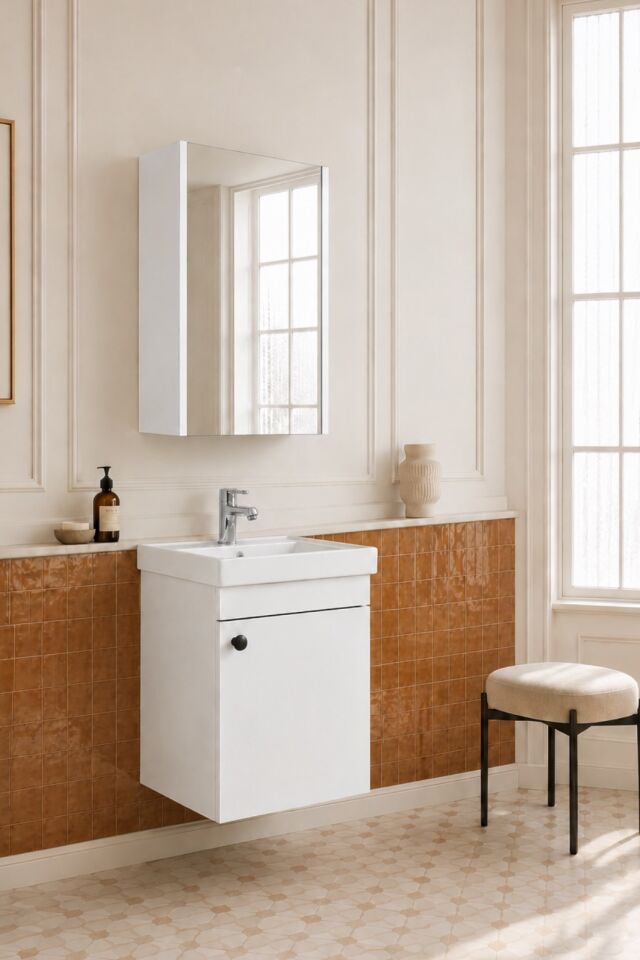Mimoza 50 Cm, Mdf, Lavabolu, Aynalı Banyo Dolabı Seti, Seramik Lavabo Dahil, Beyaz, Mdf