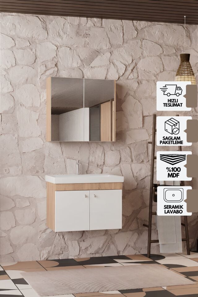 Milano 80 Cm, Lavabolu Banyo Dolabı Seti, Lavabo Dahil, Ayna Dahil, Sonomo Meşe, Mdf