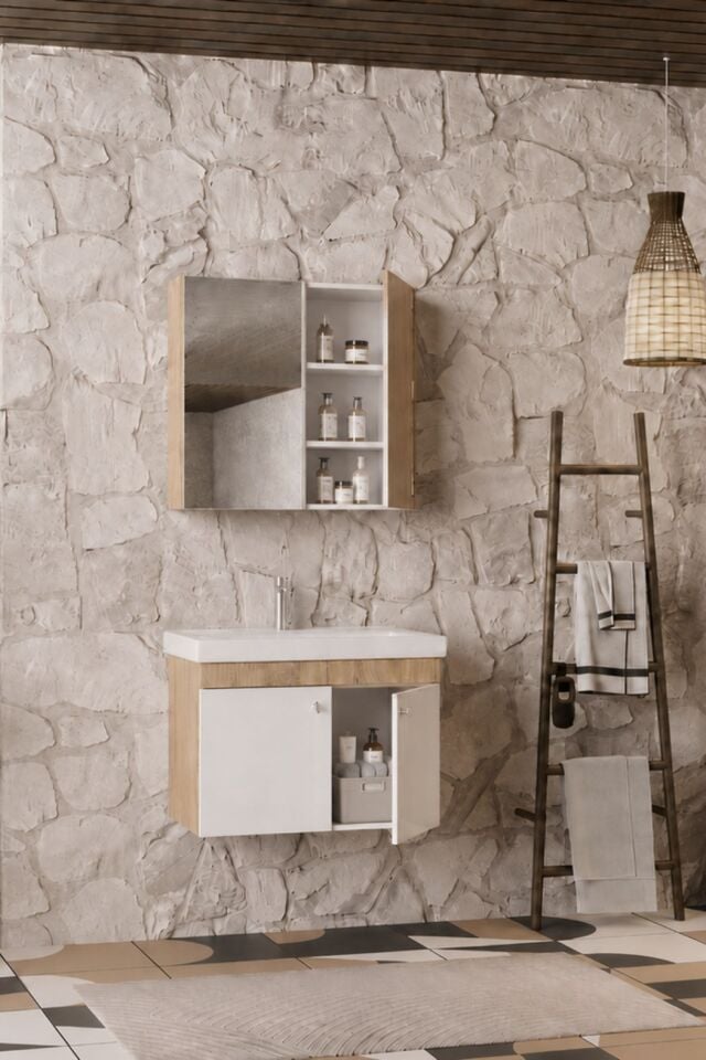 Milano 80 Cm, Lavabolu Banyo Dolabı Seti, Lavabo Dahil, Ayna Dahil, Sonomo Meşe, Mdf