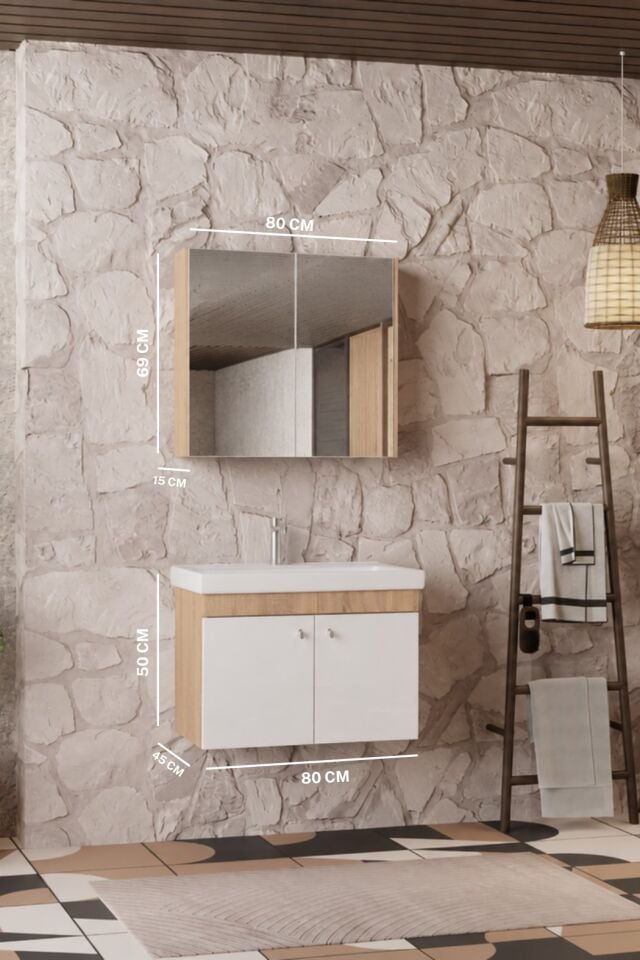 Milano 80 Cm, Lavabolu Banyo Dolabı Seti, Lavabo Dahil, Ayna Dahil, Sonomo Meşe, Mdf