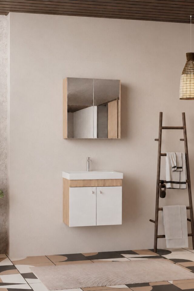 Milano 60 Cm, Lavabolu Banyo Dolabı Seti, Lavabo Dahil, Ayna Dahil, Sonomo Meşe, Mdf