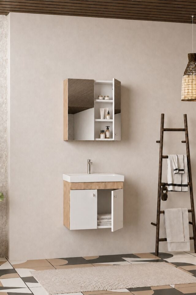 Milano 60 Cm, Lavabolu Banyo Dolabı Seti, Lavabo Dahil, Ayna Dahil, Sonomo Meşe, Mdf