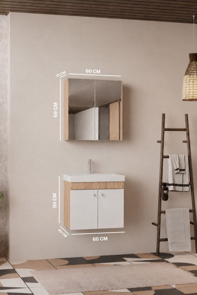 Milano 60 Cm, Lavabolu Banyo Dolabı Seti, Lavabo Dahil, Ayna Dahil, Sonomo Meşe, Mdf