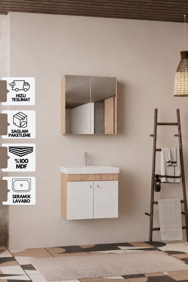 Milano 60 Cm, Lavabolu Banyo Dolabı Seti, Lavabo Dahil, Ayna Dahil, Sonomo Meşe, Mdf