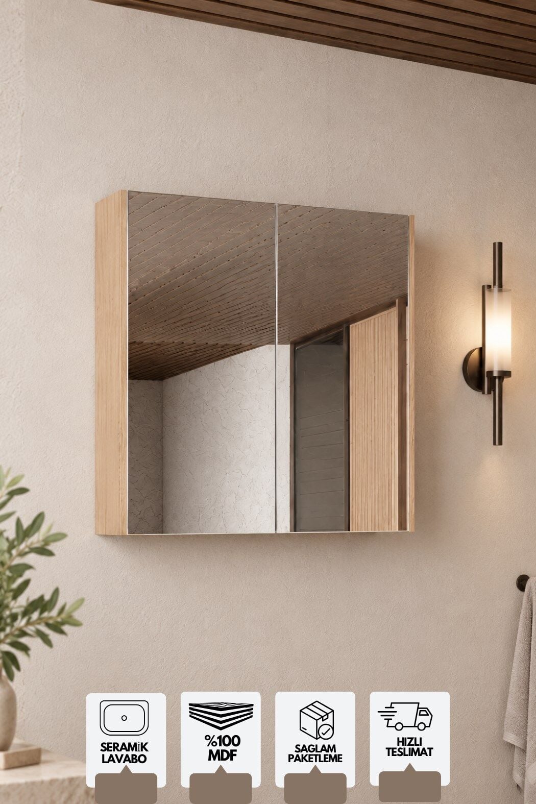 Milano 60 Cm, Banyo Dolabı, Üst Modül, Aynalı Dolap