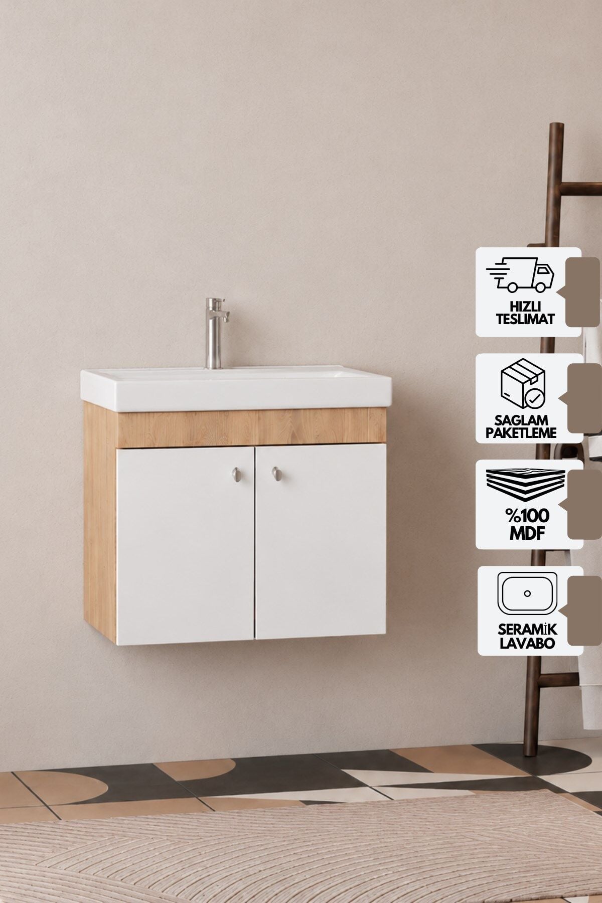 Milano 60  Cm, Lavabolu Alt Banyo Dolabı, Kapaklı Banyo Dolabı, Seramik Lavabo Dahil, Mdf