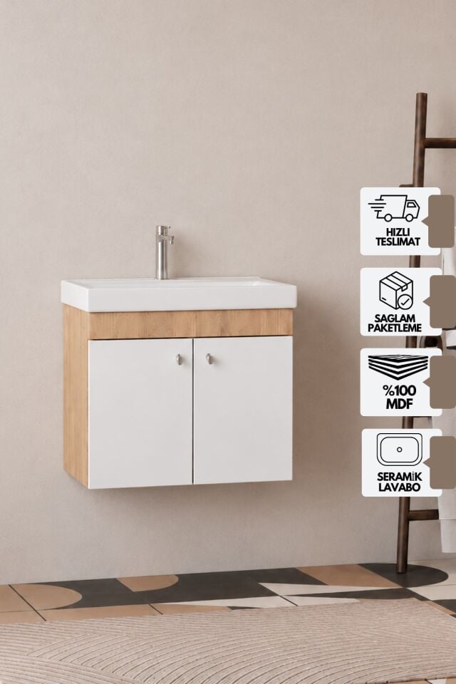 Milano 60  Cm, Lavabolu Alt Banyo Dolabı, Kapaklı Banyo Dolabı, Seramik Lavabo Dahil, Mdf