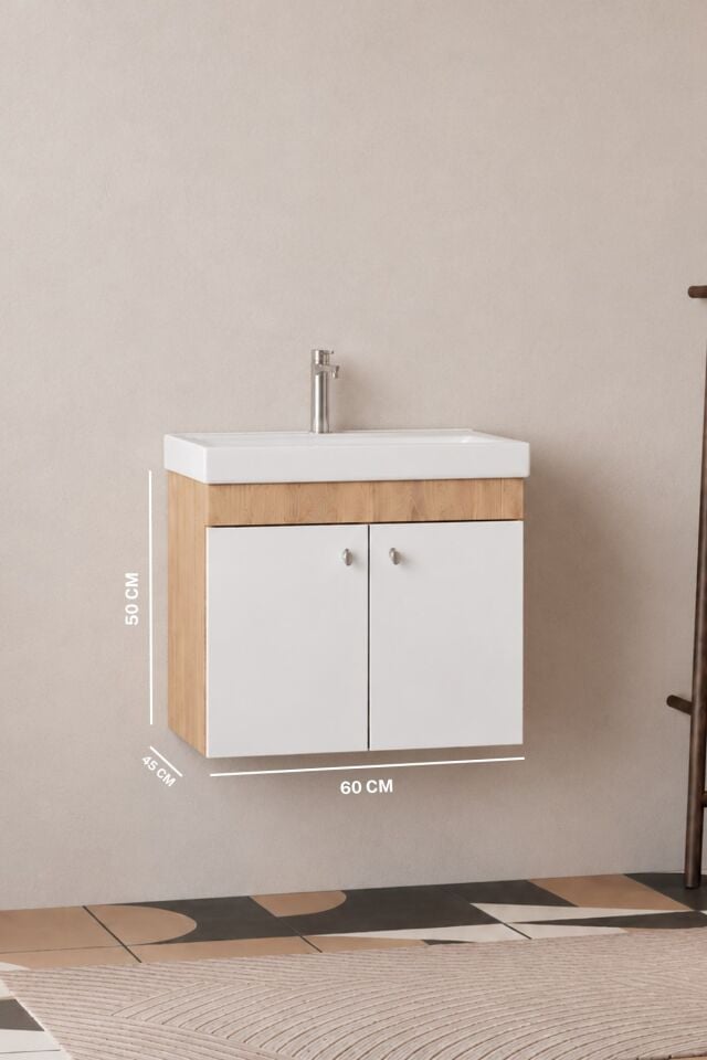 Milano 60  Cm, Lavabolu Alt Banyo Dolabı, Kapaklı Banyo Dolabı, Seramik Lavabo Dahil, Mdf