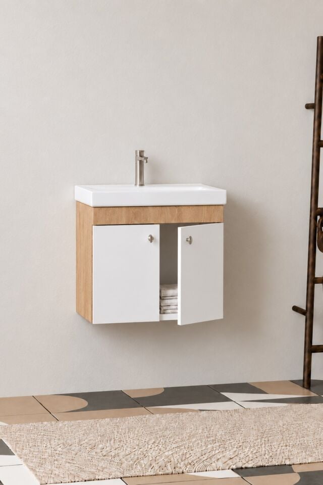 Milano 60  Cm, Lavabolu Alt Banyo Dolabı, Kapaklı Banyo Dolabı, Seramik Lavabo Dahil, Mdf