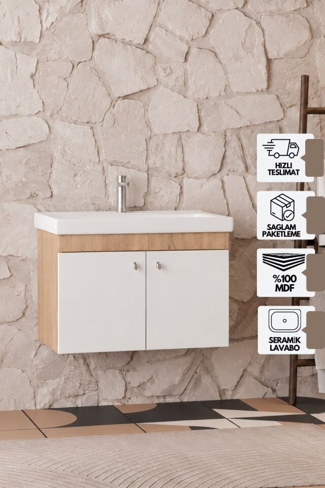 Milano 80 Cm, Lavabolu Alt Banyo Dolabı, Kapaklı Banyo Dolabı, Seramik Lavabo Dahil, Mdf