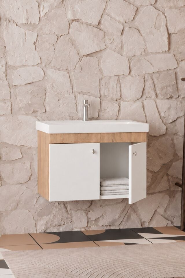 Milano 80 Cm, Lavabolu Alt Banyo Dolabı, Kapaklı Banyo Dolabı, Seramik Lavabo Dahil, Mdf