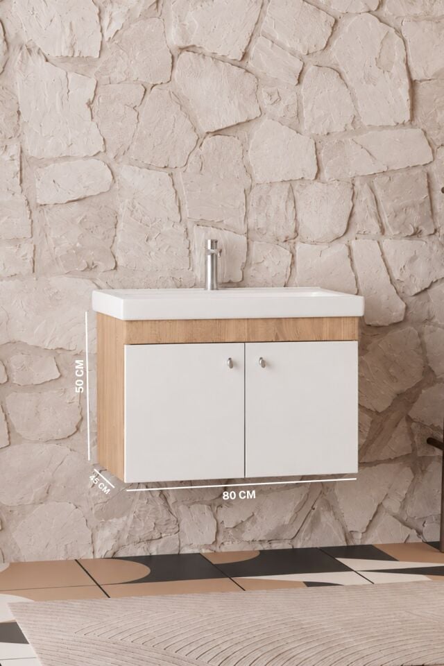 Milano 80 Cm, Lavabolu Alt Banyo Dolabı, Kapaklı Banyo Dolabı, Seramik Lavabo Dahil, Mdf