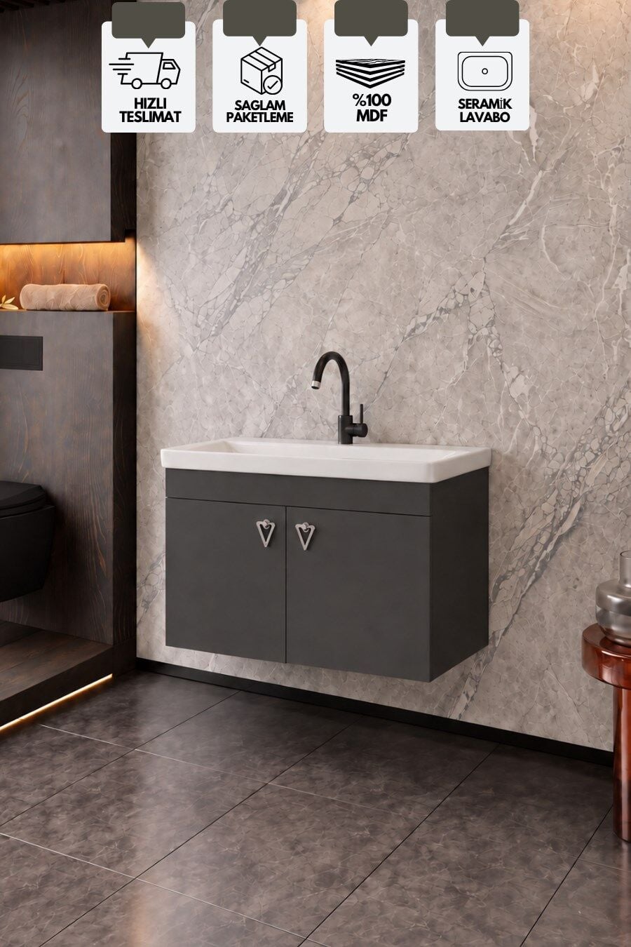 Kemer 80 Cm, Alt Banyo Dolabı, Lavabolu, Antrasit, Kapaklı Banyo Dolabı, Seramik Lavabo Dahil, Mdf