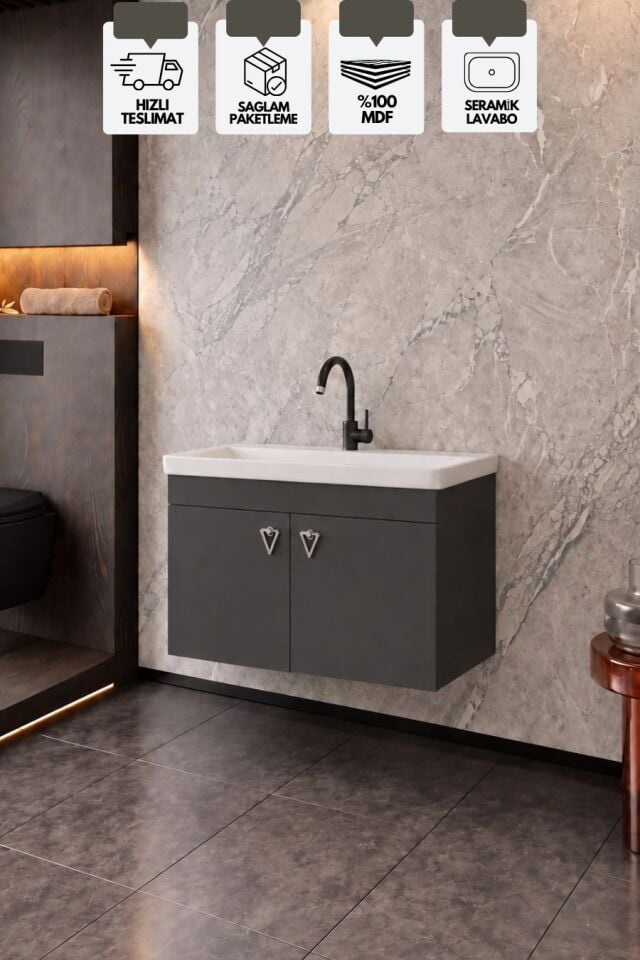 Kemer 80 Cm, Alt Banyo Dolabı, Lavabolu, Antrasit, Kapaklı Banyo Dolabı, Seramik Lavabo Dahil, Mdf